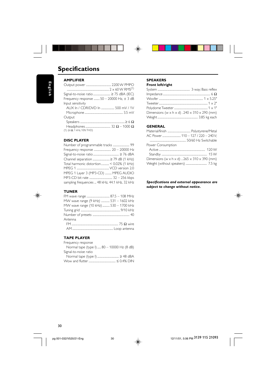 Specifications | Philips FW-V520 User Manual | Page 30 / 33