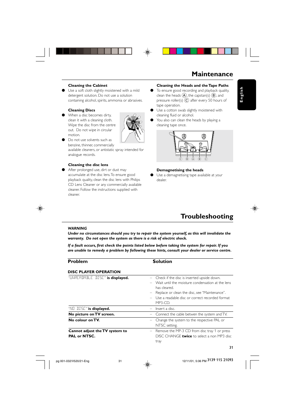 Troubleshooting, Maintenance, Problem solution | Philips FW-V520 User Manual | Page 31 / 33