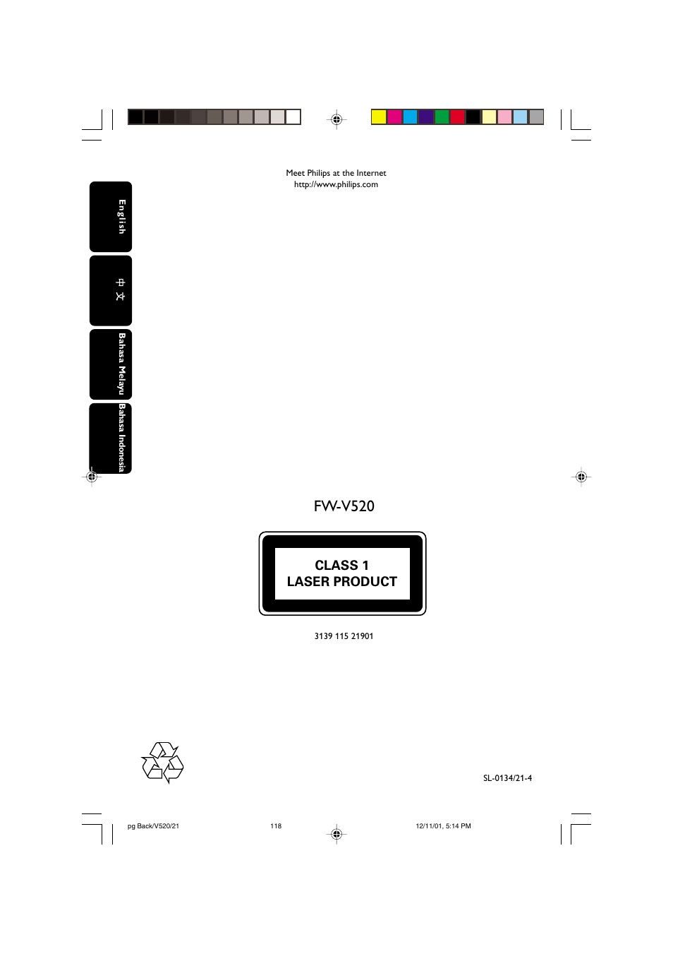 Fw-v520, Class 1 laser product | Philips FW-V520 User Manual | Page 33 / 33