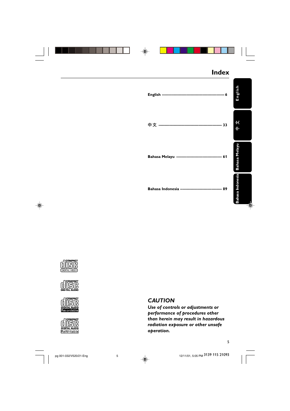 Index, Caution | Philips FW-V520 User Manual | Page 5 / 33