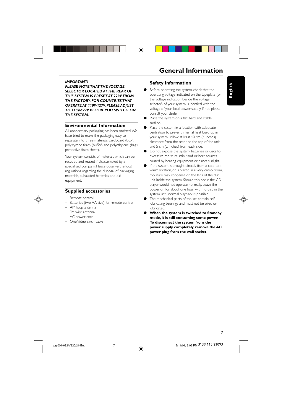 General information, Environmental information, Supplied accessories | Safety information | Philips FW-V520 User Manual | Page 7 / 33