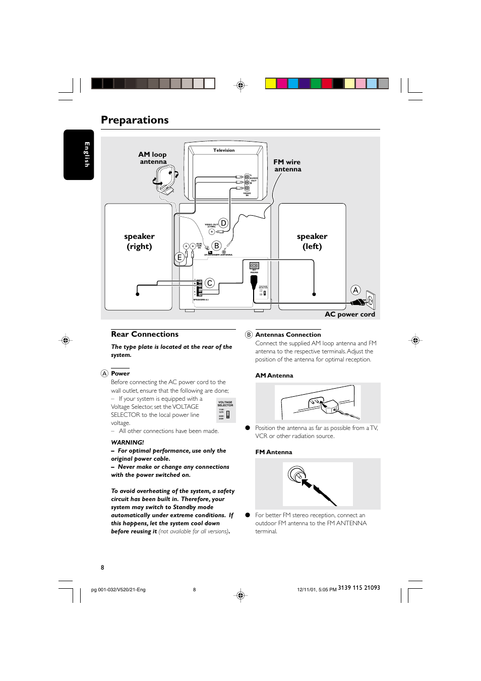 Preparations, Ab c, Rear connections | Speaker (right) speaker (left), Ac power cord fm wire antenna, Am loop antenna | Philips FW-V520 User Manual | Page 8 / 33