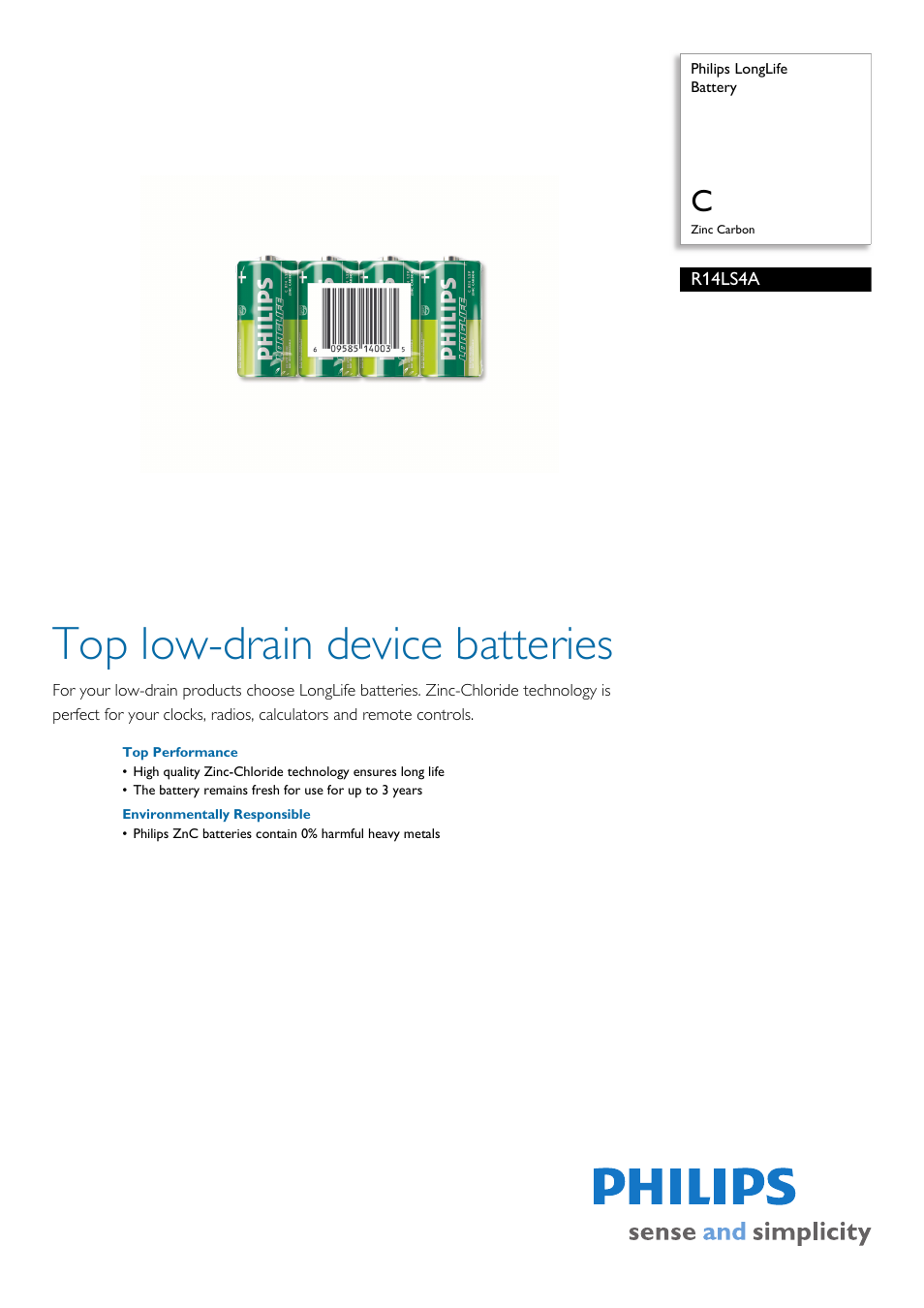 Philips LongLife R14LS4A User Manual | 2 pages