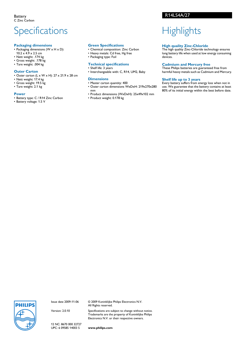 Specifications, Highlights | Philips LongLife R14LS4A User Manual | Page 2 / 2
