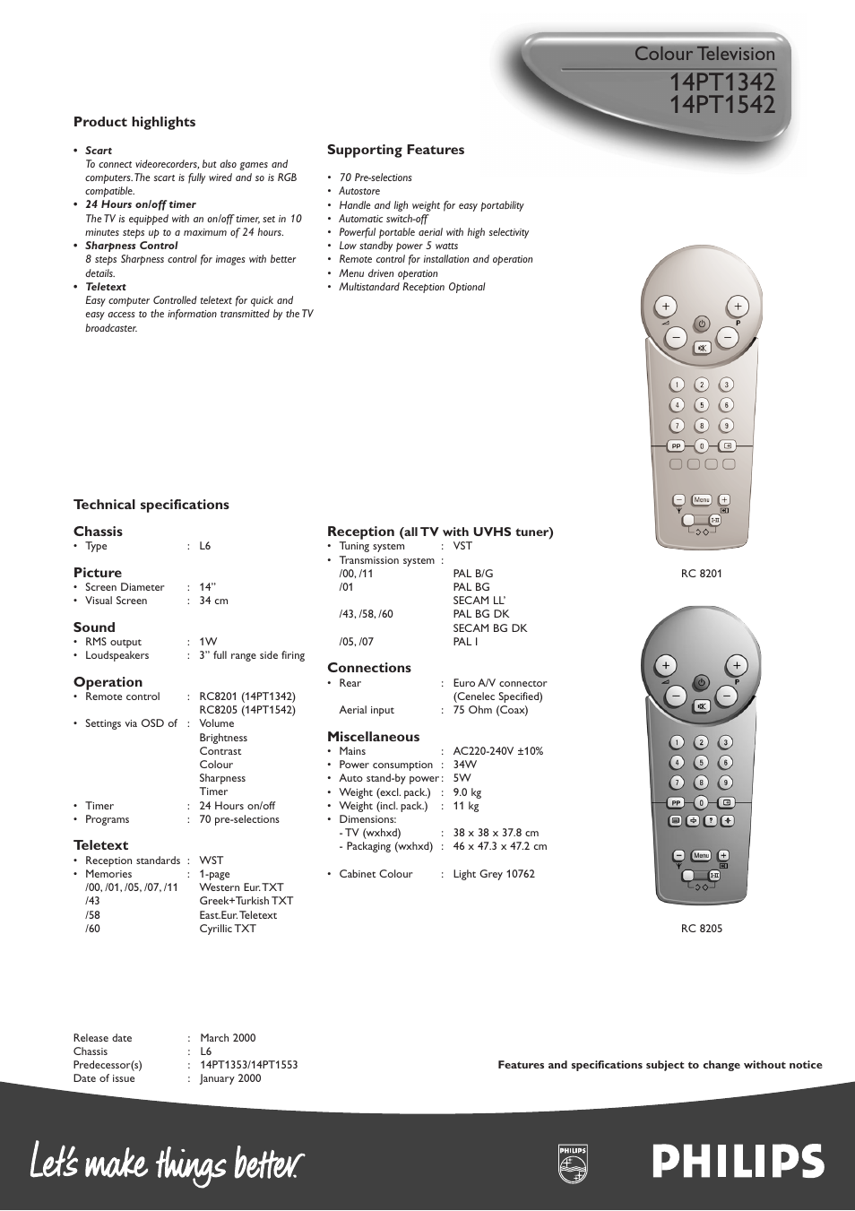 Colour television | Philips 14PT1342 User Manual | Page 2 / 2