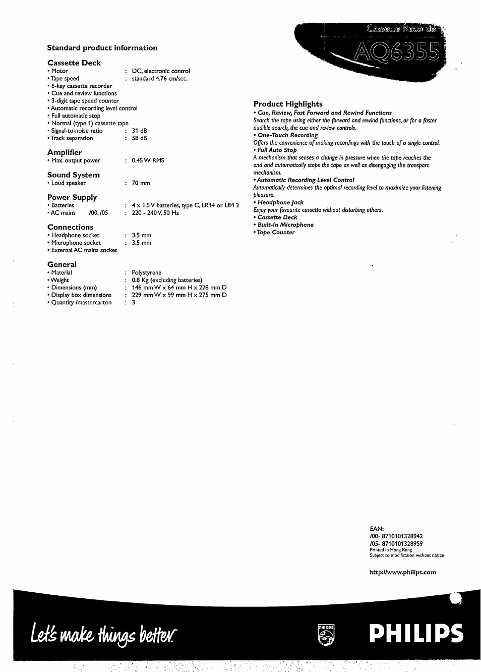 Standard product information, Cassette deck, Amplifier | Sound system, Power supply, Connections, General, Product highlights, Philips | Philips AQ6355/17 User Manual | Page 2 / 2