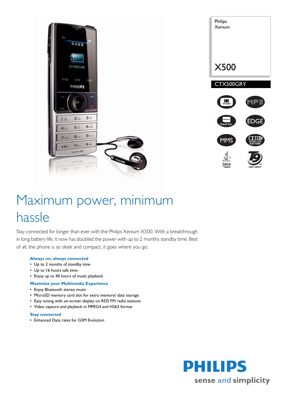 Philips Xenium CTX500GRY User Manual | 2 pages