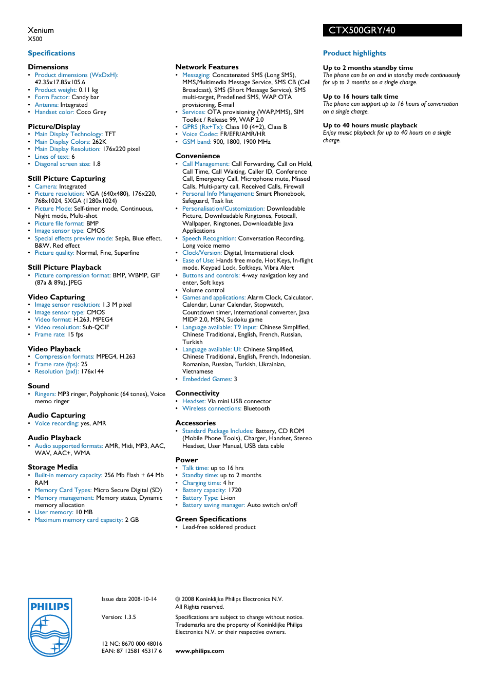 Philips Xenium CTX500GRY User Manual | Page 2 / 2