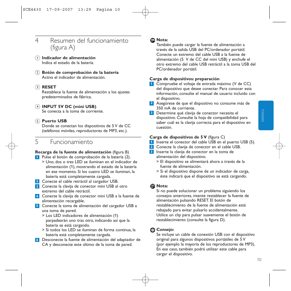 4resumen del funcionamiento (figura a), 5funcionamiento | Philips Power2Go SCE4430 User Manual | Page 10 / 61