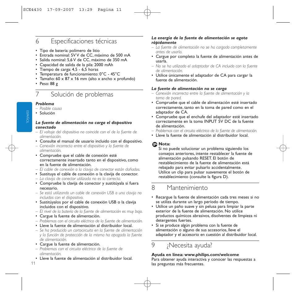 6especificaciones técnicas, 7solución de problemas, 8mantenimiento | 9¿necesita ayuda | Philips Power2Go SCE4430 User Manual | Page 11 / 61