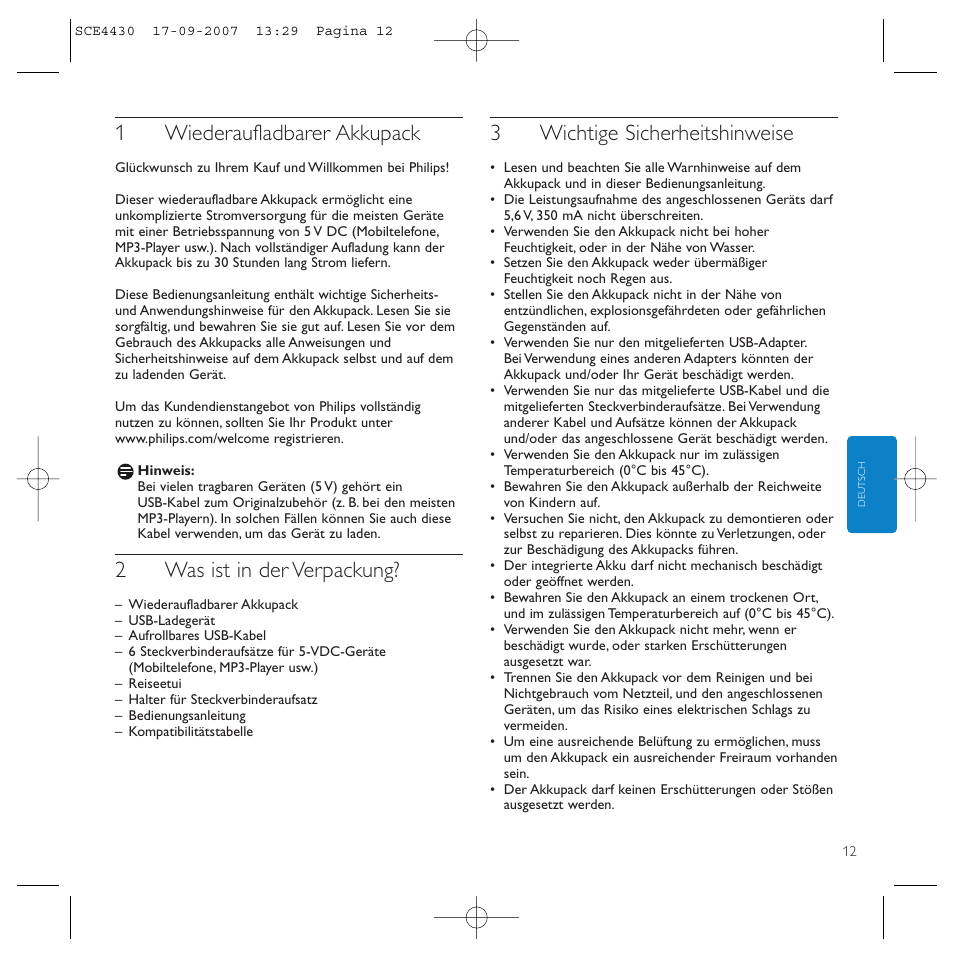 1wiederaufladbarer akkupack, 2was ist in der verpackung, 3wichtige sicherheitshinweise | Philips Power2Go SCE4430 User Manual | Page 12 / 61