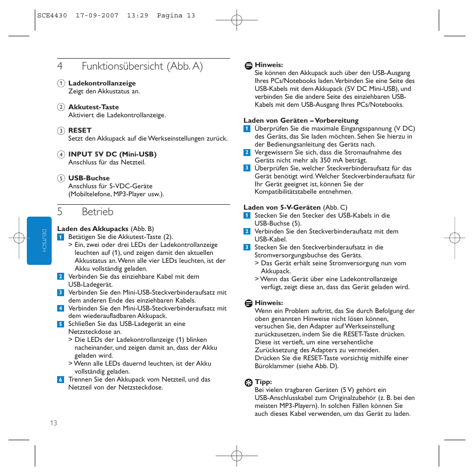 4funktionsübersicht (abb. a), 5betrieb | Philips Power2Go SCE4430 User Manual | Page 13 / 61