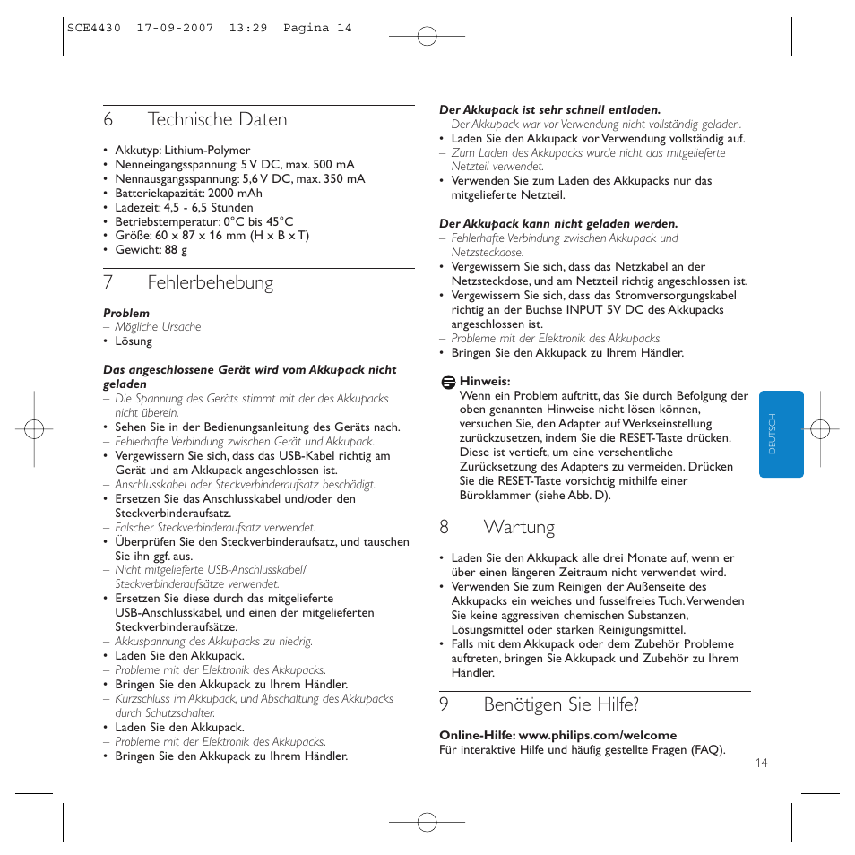 6technische daten, 7fehlerbehebung, 8wartung | 9benötigen sie hilfe | Philips Power2Go SCE4430 User Manual | Page 14 / 61