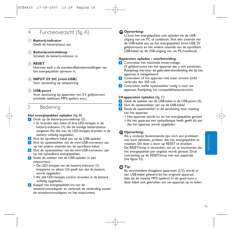 4functieoverzicht (fig. a), 5bediening | Philips Power2Go SCE4430 User Manual | Page 16 / 61