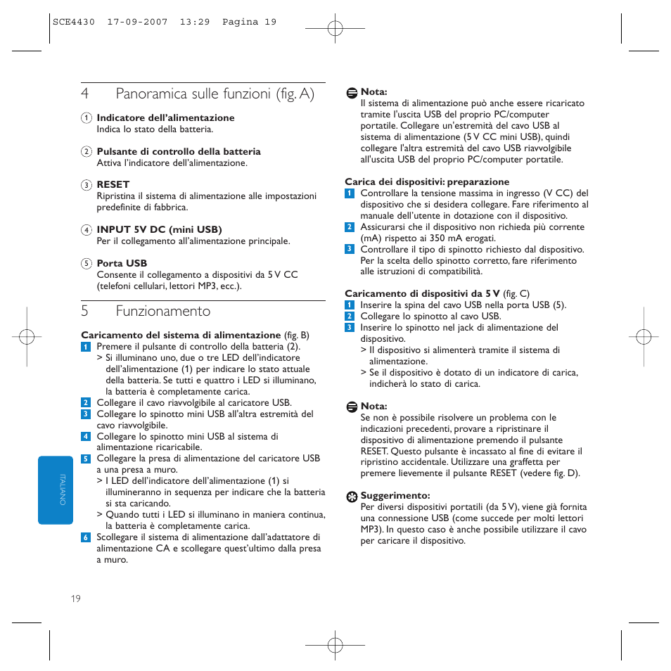 4panoramica sulle funzioni (fig. a), 5funzionamento | Philips Power2Go SCE4430 User Manual | Page 19 / 61