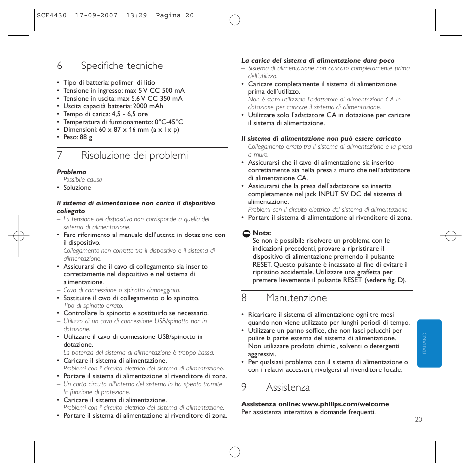 6specifiche tecniche, 7risoluzione dei problemi, 8manutenzione | 9assistenza | Philips Power2Go SCE4430 User Manual | Page 20 / 61