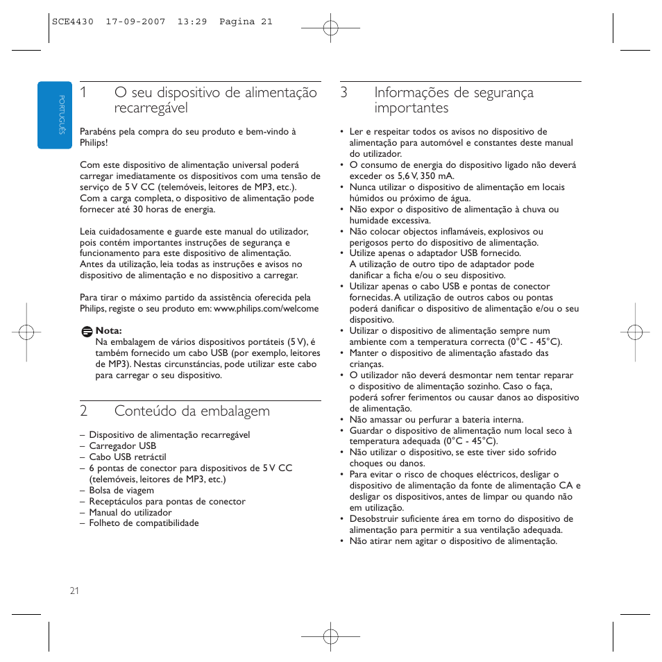 1o seu dispositivo de alimentação recarregável, 2conteúdo da embalagem, 3informações de segurança importantes | Philips Power2Go SCE4430 User Manual | Page 21 / 61