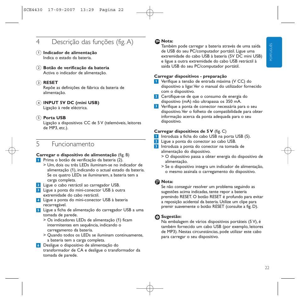 4descrição das funções (fig. a), 5funcionamento | Philips Power2Go SCE4430 User Manual | Page 22 / 61