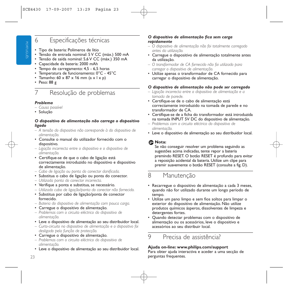 6especificações técnicas, 7resolução de problemas, 8manutenção | 9precisa de assistência | Philips Power2Go SCE4430 User Manual | Page 23 / 61