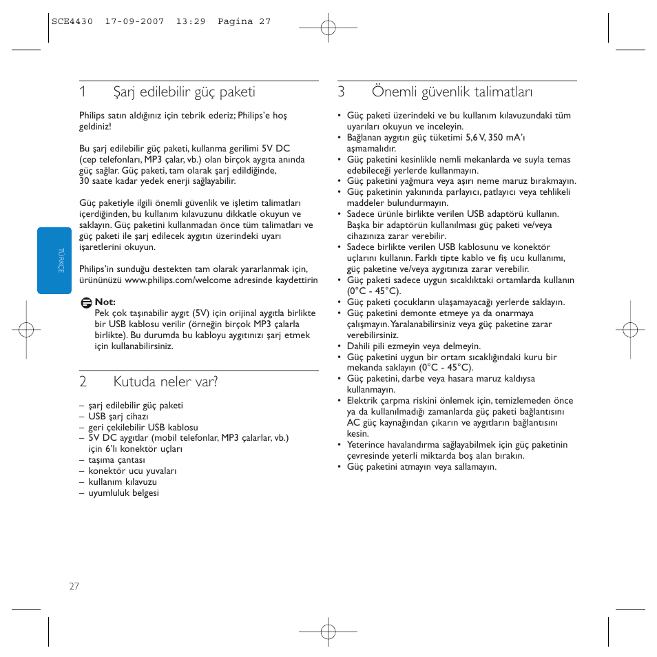 1şarj edilebilir güç paketi, 2kutuda neler var, 3önemli güvenlik talimatları | Philips Power2Go SCE4430 User Manual | Page 27 / 61