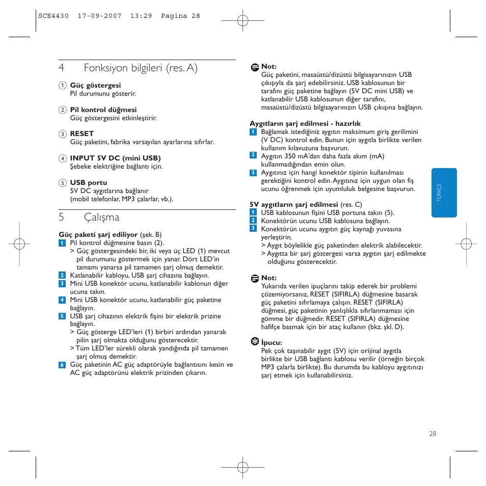 4fonksiyon bilgileri (res. a), 5çalışma | Philips Power2Go SCE4430 User Manual | Page 28 / 61