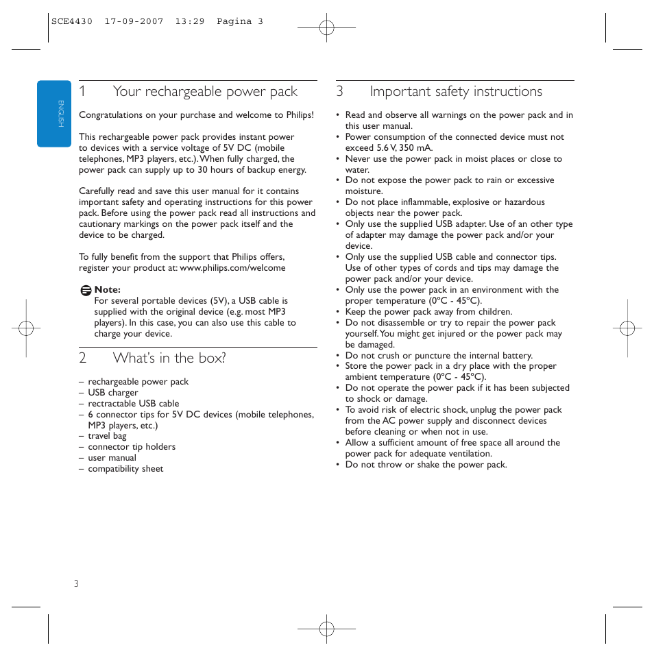 1your rechargeable power pack, 2what’s in the box, 3important safety instructions | Philips Power2Go SCE4430 User Manual | Page 3 / 61