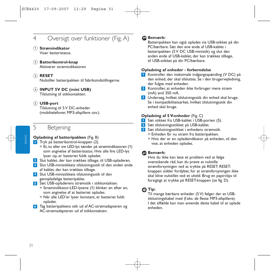 4oversigt over funktioner (fig. a), 5betjening | Philips Power2Go SCE4430 User Manual | Page 31 / 61