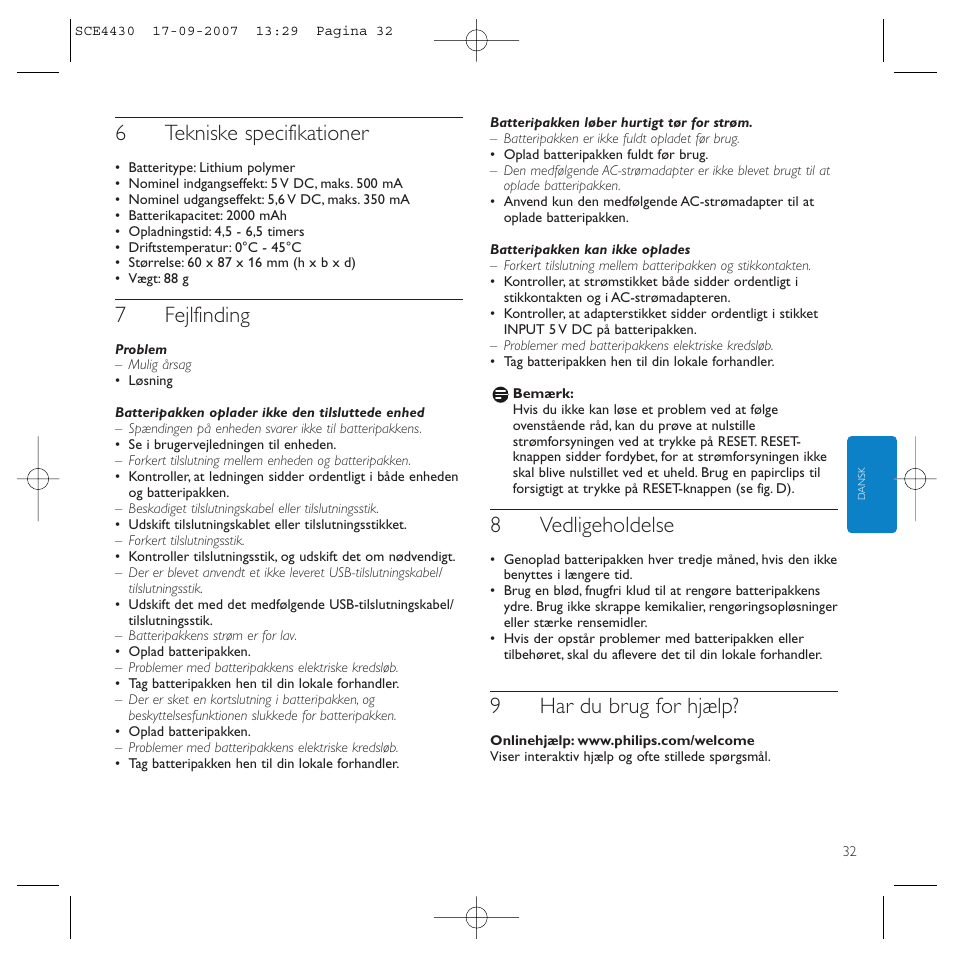 6tekniske specifikationer, 7fejlfinding, 8vedligeholdelse | 9har du brug for hjælp | Philips Power2Go SCE4430 User Manual | Page 32 / 61