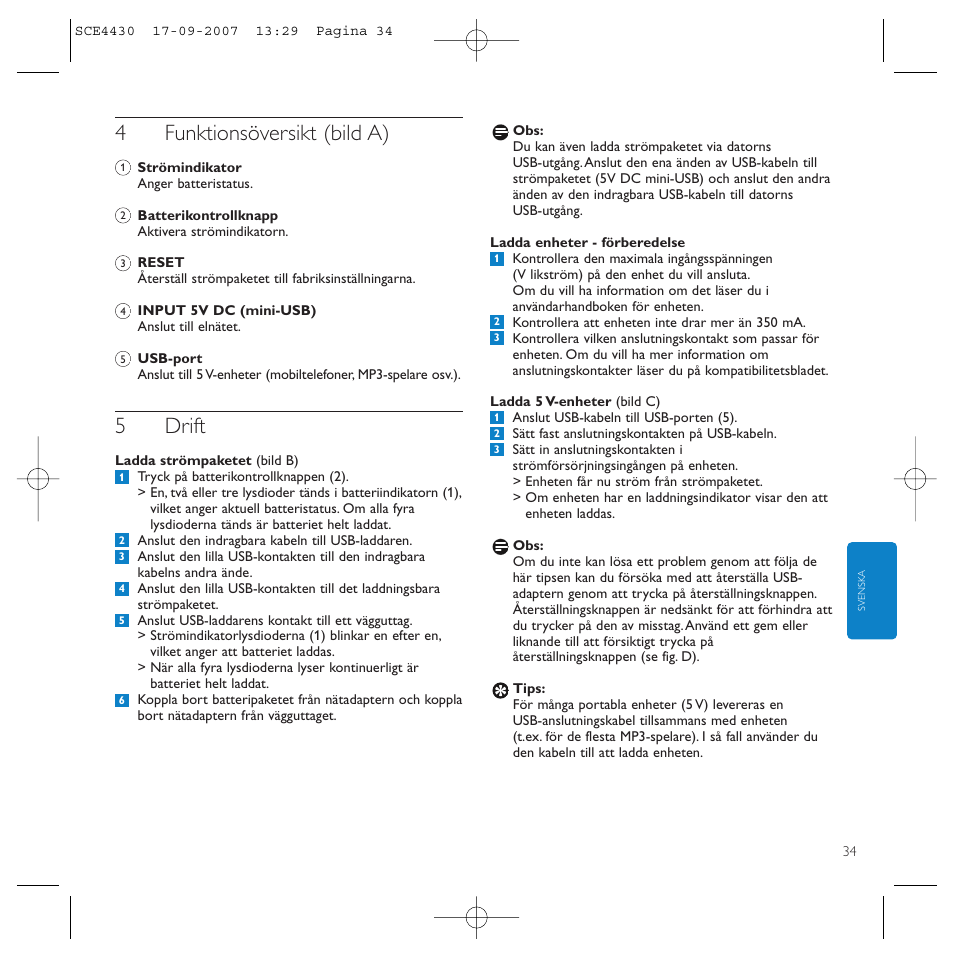 4funktionsöversikt (bild a), 5drift | Philips Power2Go SCE4430 User Manual | Page 34 / 61