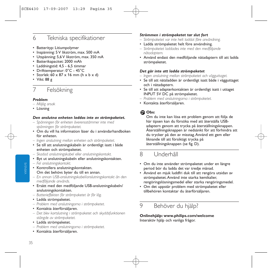 6tekniska specifikationer, 7felsökning, 8underhåll | 9behöver du hjälp | Philips Power2Go SCE4430 User Manual | Page 35 / 61