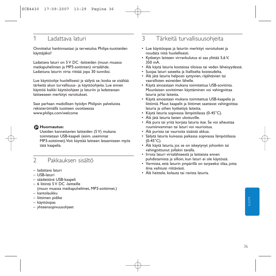1ladattava laturi, 2pakkauksen sisältö, 3tärkeitä turvallisuusohjeita | Philips Power2Go SCE4430 User Manual | Page 36 / 61