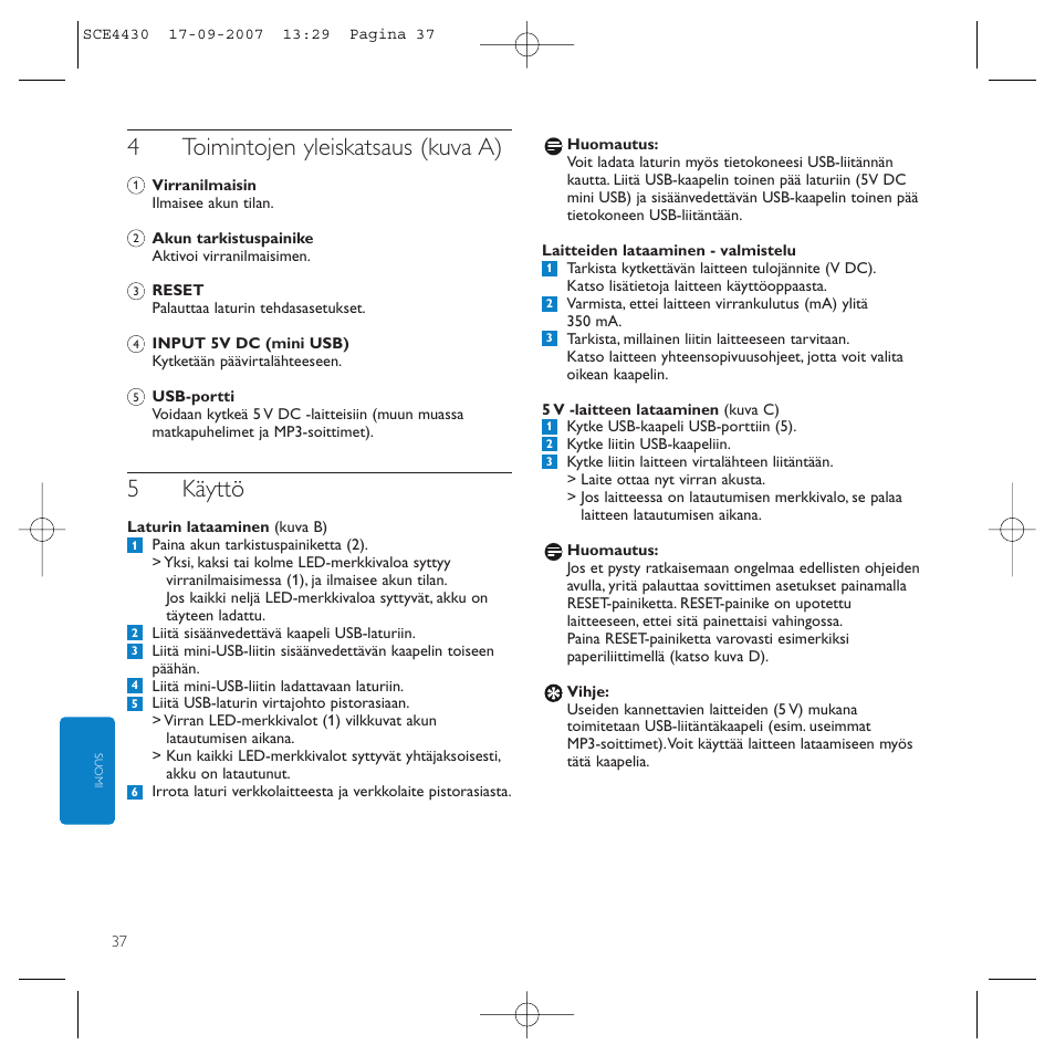 4toimintojen yleiskatsaus (kuva a), 5käyttö | Philips Power2Go SCE4430 User Manual | Page 37 / 61