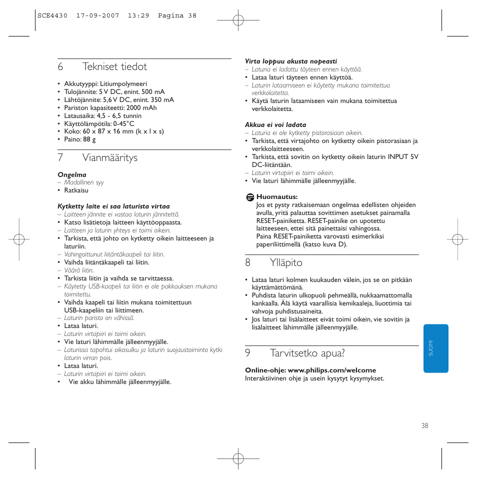 6tekniset tiedot, 7vianmääritys, 8ylläpito | 9tarvitsetko apua | Philips Power2Go SCE4430 User Manual | Page 38 / 61