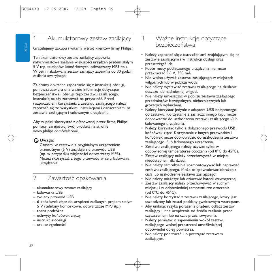 1akumulatorowy zestaw zasilający, 2zawartość opakowania, 3ważne instrukcje dotyczące bezpieczeństwa | Philips Power2Go SCE4430 User Manual | Page 39 / 61