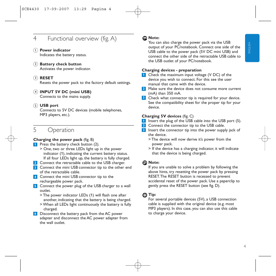 4functional overview (fig. a), 5operation | Philips Power2Go SCE4430 User Manual | Page 4 / 61