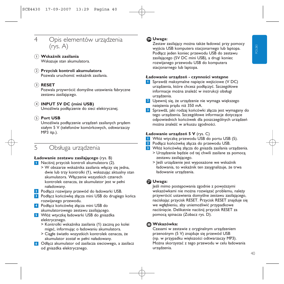 4opis elementów urządzenia (rys. a), 5obsługa urządzenia | Philips Power2Go SCE4430 User Manual | Page 40 / 61