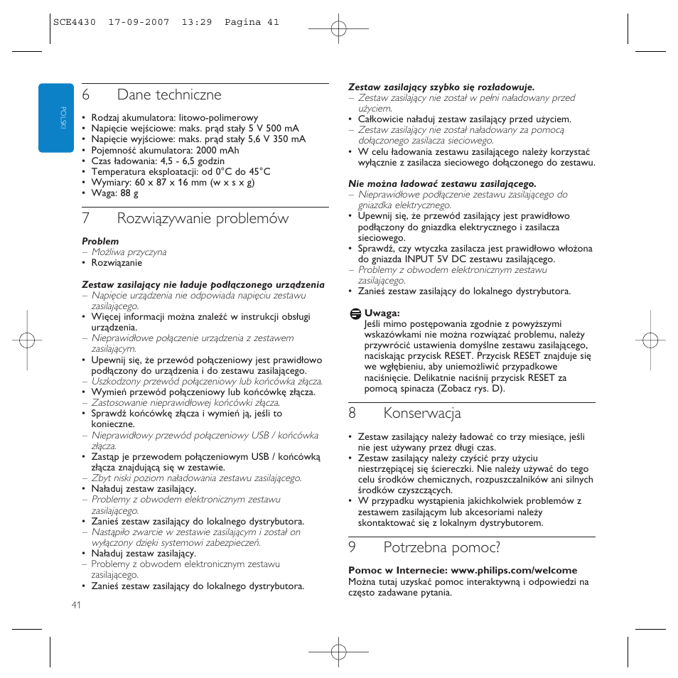 6dane techniczne, 7rozwiązywanie problemów, 8konserwacja | 9potrzebna pomoc | Philips Power2Go SCE4430 User Manual | Page 41 / 61