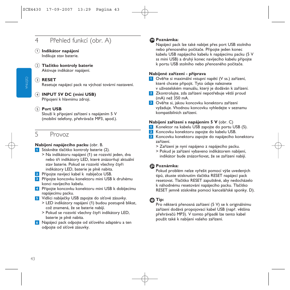 4přehled funkcí (obr. a), 5provoz | Philips Power2Go SCE4430 User Manual | Page 43 / 61