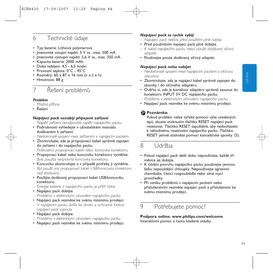 6technické údaje, 7řešení problémů, 8údržba | 9potřebujete pomoc | Philips Power2Go SCE4430 User Manual | Page 44 / 61