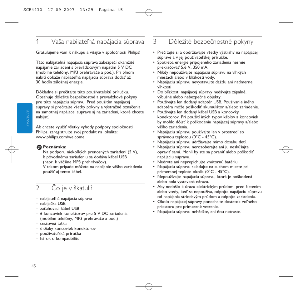 1vaša nabíjateľná napájacia súprava, 2čo je v škatuli, 3dôležité bezpečnostné pokyny | Philips Power2Go SCE4430 User Manual | Page 45 / 61