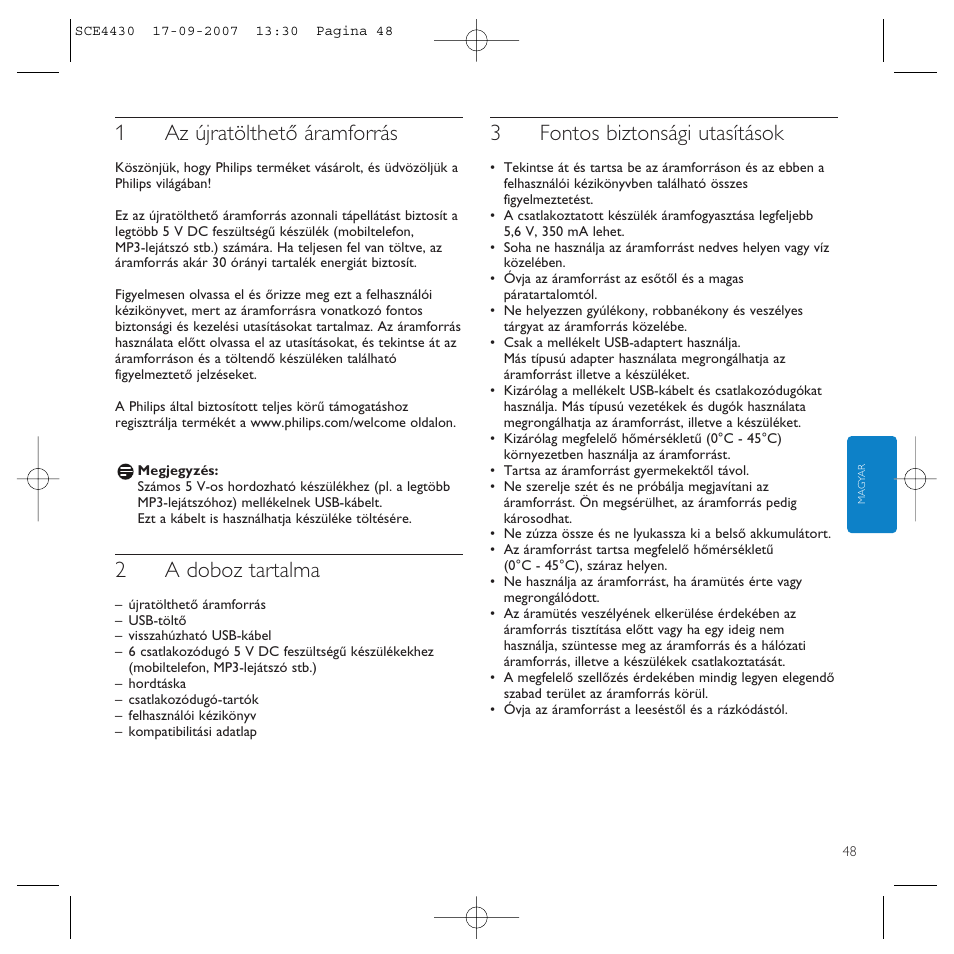 1az újratölthető áramforrás, 2a doboz tartalma, 3fontos biztonsági utasítások | Philips Power2Go SCE4430 User Manual | Page 48 / 61