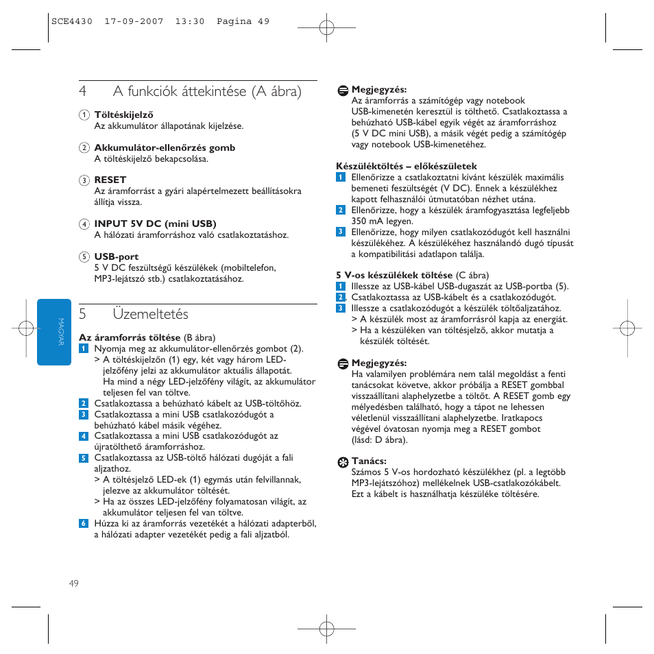 4a funkciók áttekintése (a ábra), 5üzemeltetés | Philips Power2Go SCE4430 User Manual | Page 49 / 61