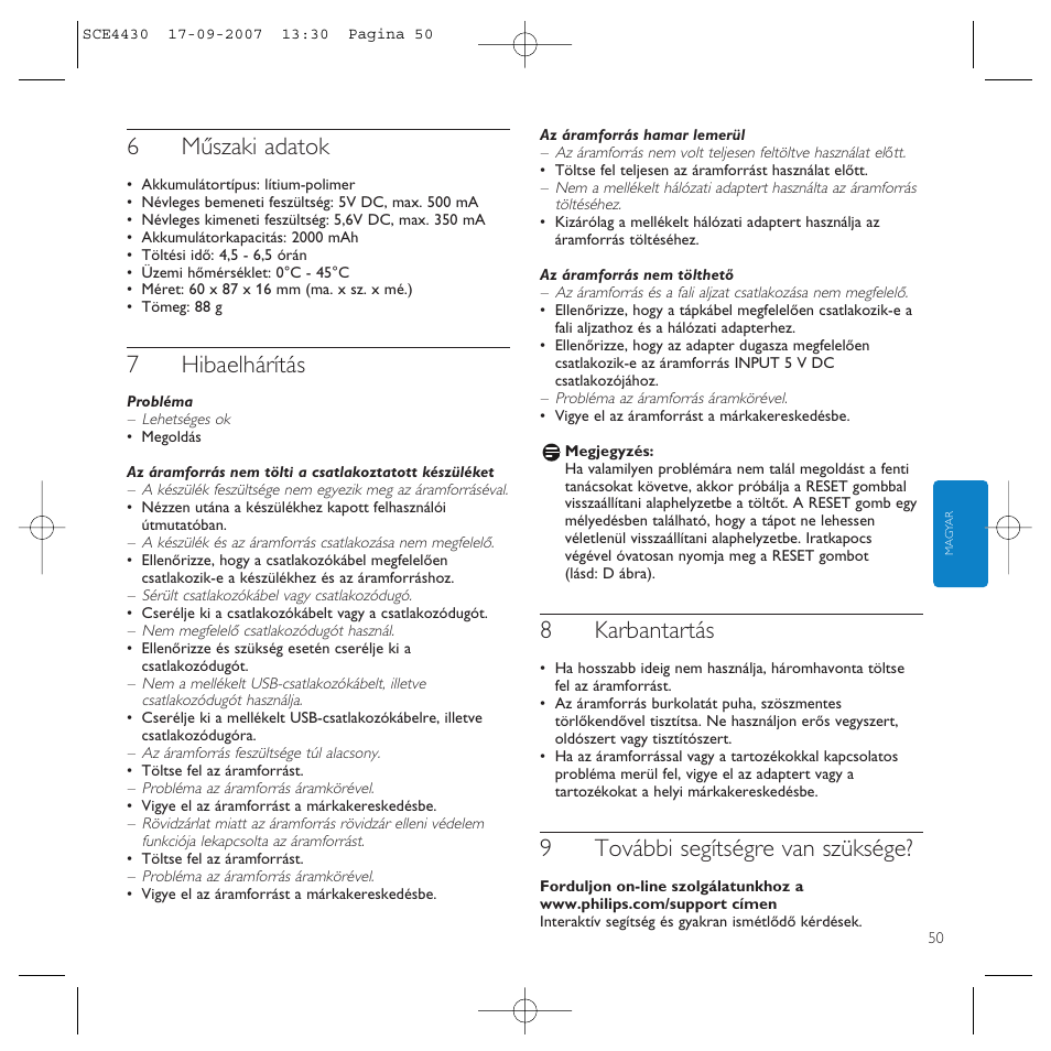 6műszaki adatok, 7hibaelhárítás, 8karbantartás | 9további segítségre van szüksége | Philips Power2Go SCE4430 User Manual | Page 50 / 61