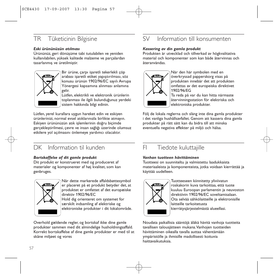 Tr tüketicinin bilgisine, Dk information til kunden, Sv information till konsumenten | Fi tiedote kuluttajille | Philips Power2Go SCE4430 User Manual | Page 57 / 61