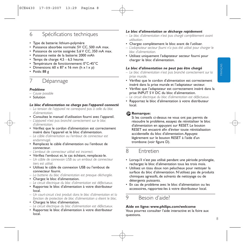 6spécifications techniques, 7dépannage, 8entretien | 9besoin d’aide | Philips Power2Go SCE4430 User Manual | Page 8 / 61