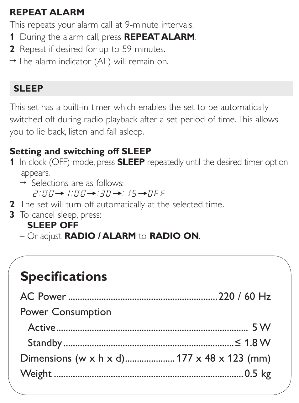 Specifications | Philips AJ3122 User Manual | Page 7 / 11