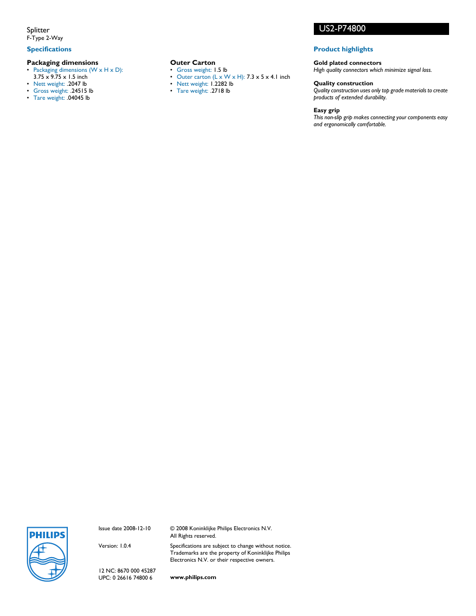 Philips US2-P74800 User Manual | Page 2 / 2