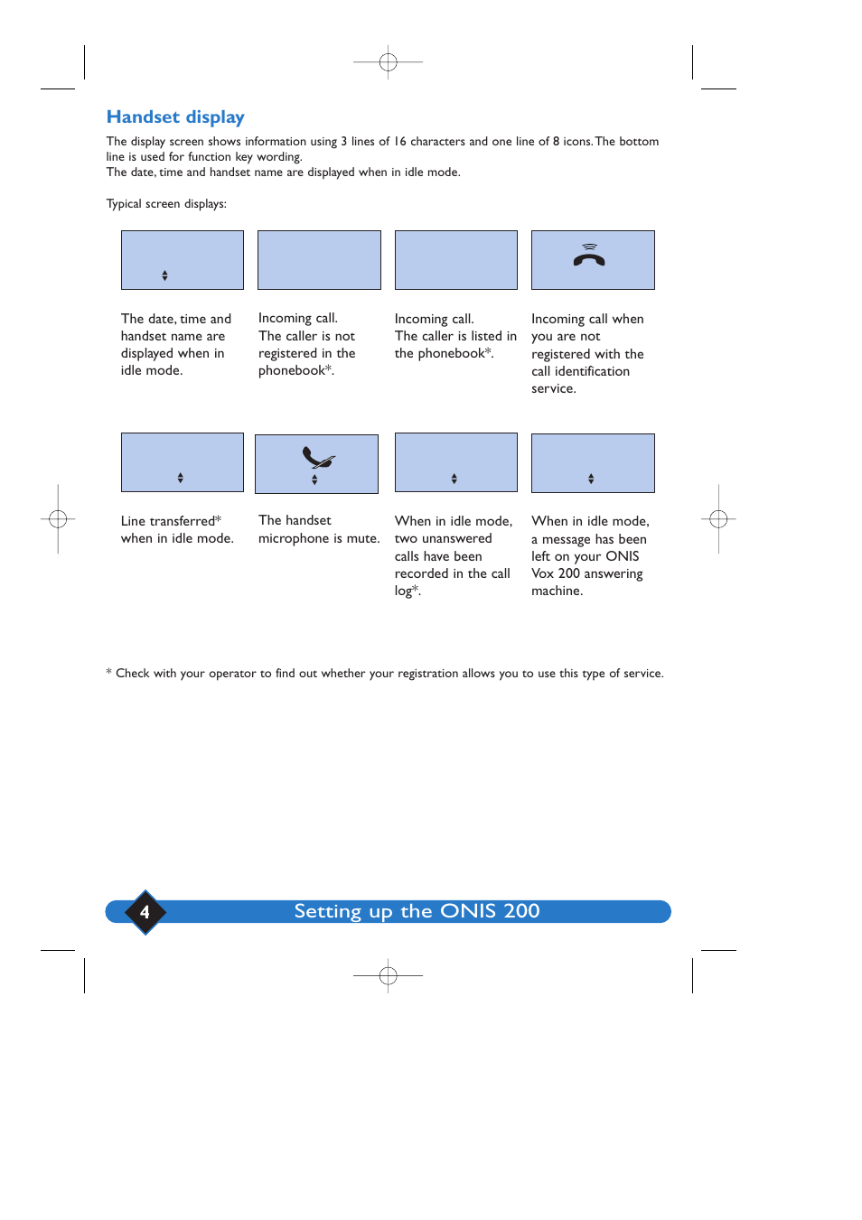 Setting up the onis 200, 4handset display | Philips 200 User Manual | Page 10 / 55