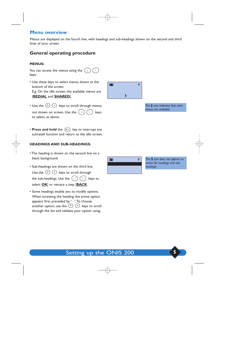 Setting up the onis 200, Menu overview, General operating procedure | Philips 200 User Manual | Page 11 / 55