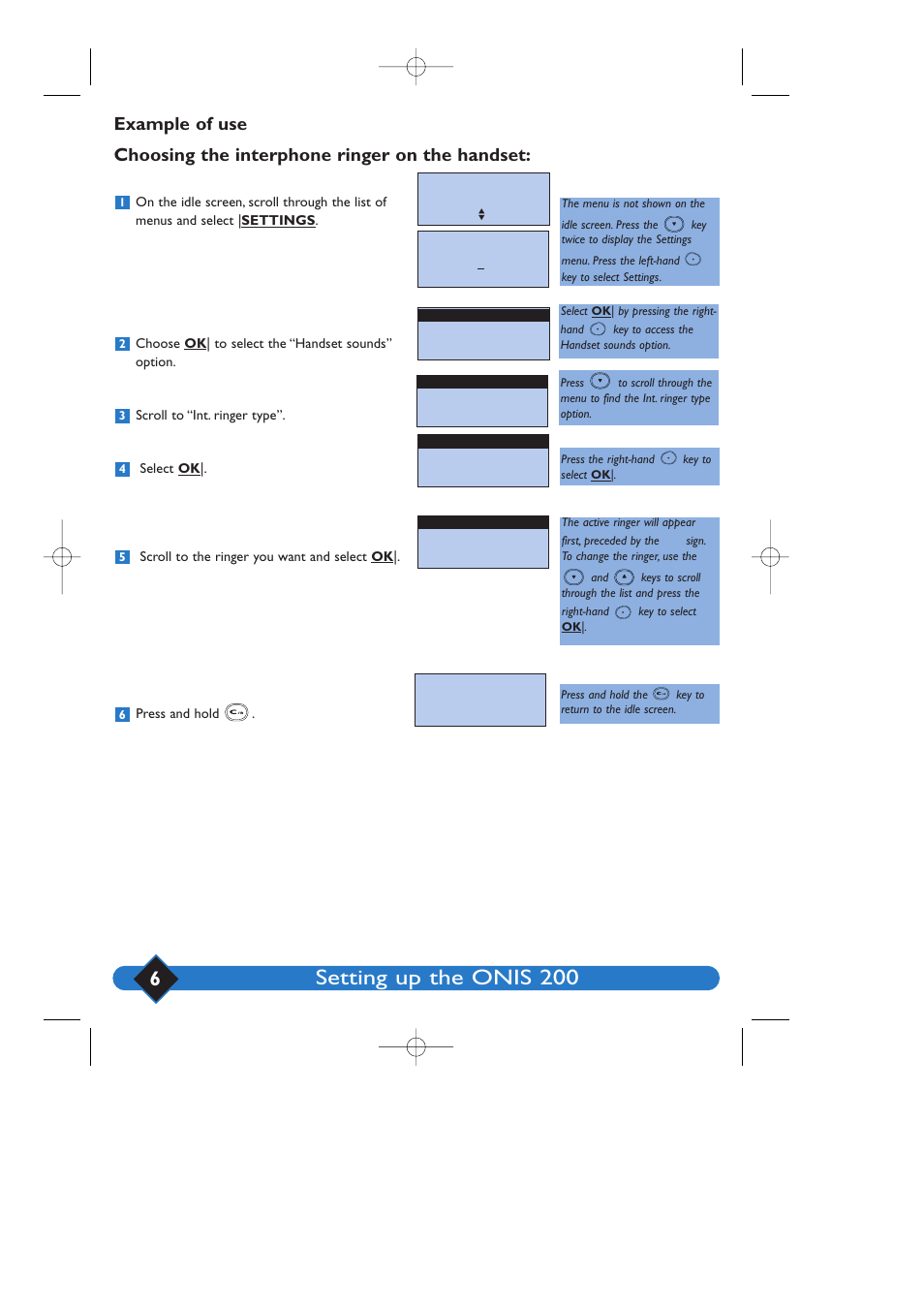 Setting up the onis 200, Example of use, Choosing the interphone ringer on the handset | Philips 200 User Manual | Page 12 / 55